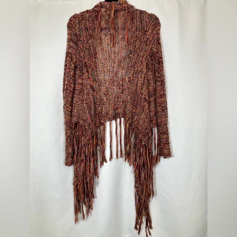 Gimmicks BKE Boho Fringe Open Front Shaggy Knit Cardigan Sz S Multi Color Rust